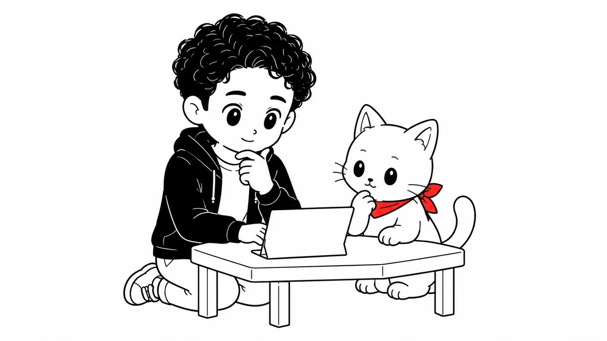 低い机でノートパソコンを開き、頬に手をあてて考えているエヤンさん。隣で白猫のエヤネコが画面をのぞきこんでいる