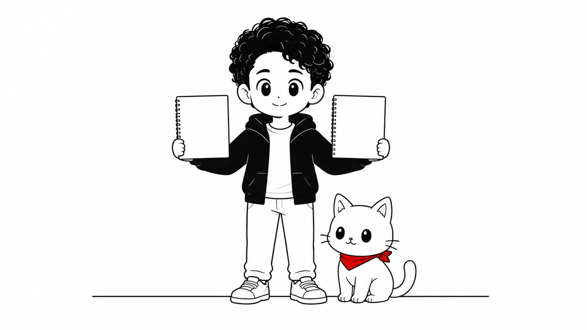 紙を2枚持って左右を見比べているエヤンさん。足元にエヤネコが座っている