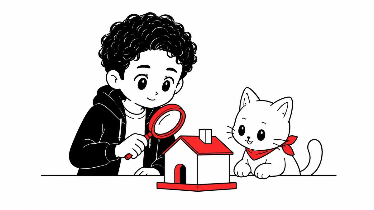 虫めがねで小さな家の模型をのぞきこむエヤンさん。横でエヤネコが一緒に見ている