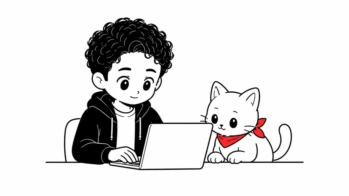 机でノートパソコンを打つエヤンさん。隣で白猫のエヤネコが一緒に画面を見ている