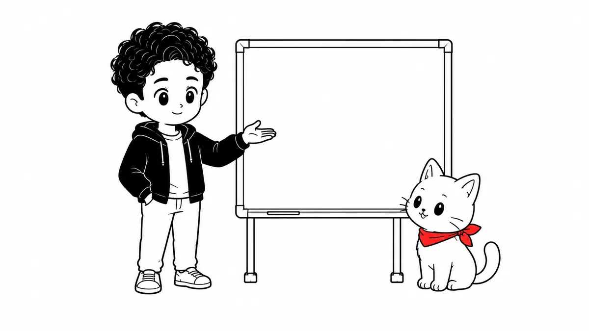 白いホワイトボードを手で示して説明するエヤンさん。足元にエヤネコが座っている
