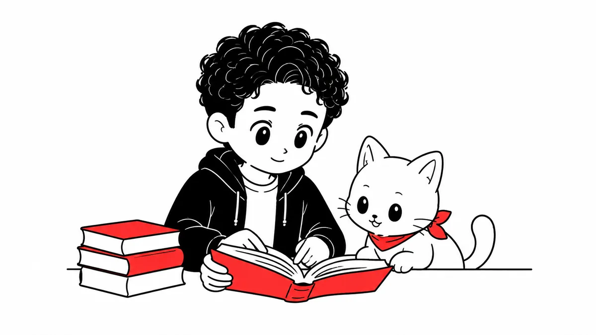 赤い本を開いて読むエヤンさん。横に本が積み上がり、エヤネコが一緒にのぞきこんでいる