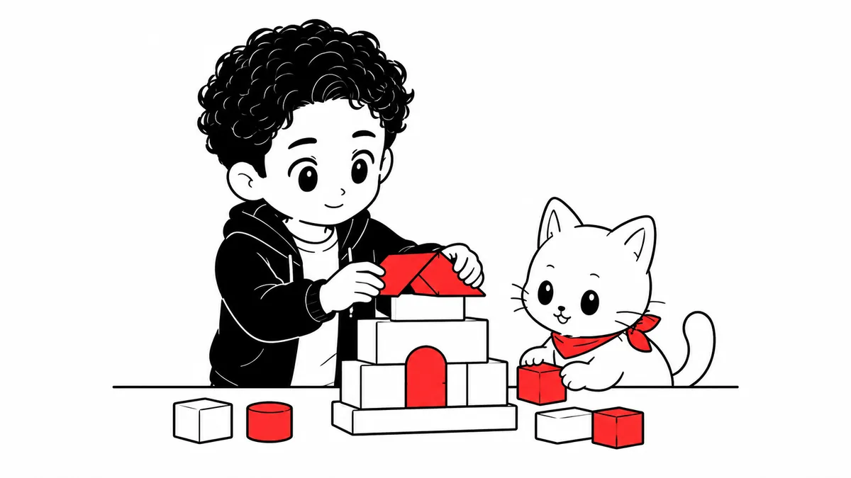 白と赤のブロックで小さな家を組み立てるエヤンさん。エヤネコがブロックを手渡している